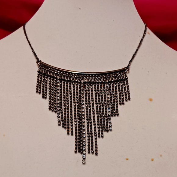 Hand Crafted Jewelry - Hand Crafted Gun Metal Colored Chain and Rhinestone Fringe Fashion Necklace